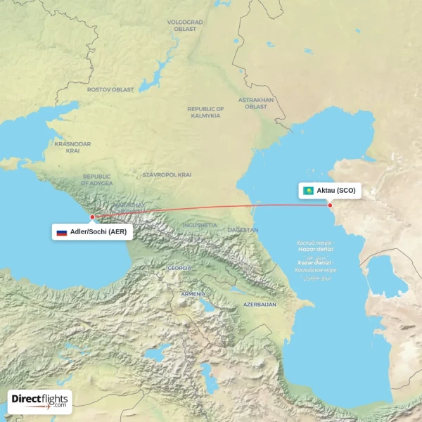 Adler/Sochi - Aktau direct flight map
