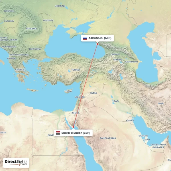 Adler/Sochi - Sharm el Sheikh direct flight map