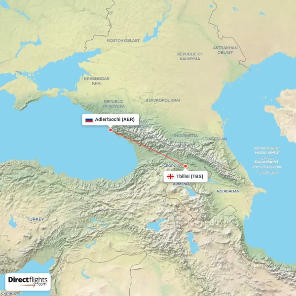 Adler/Sochi - Tbilisi direct flight map