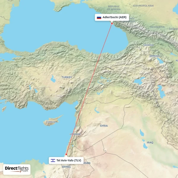 Adler/Sochi - Tel Aviv-Yafo direct flight map