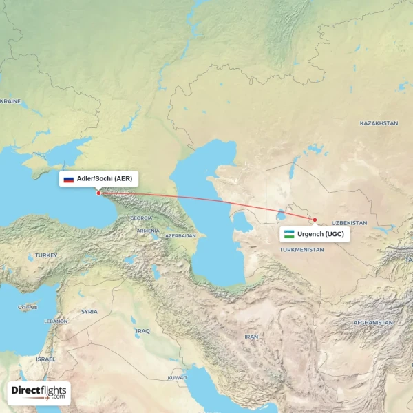 Adler/Sochi - Urgench direct flight map