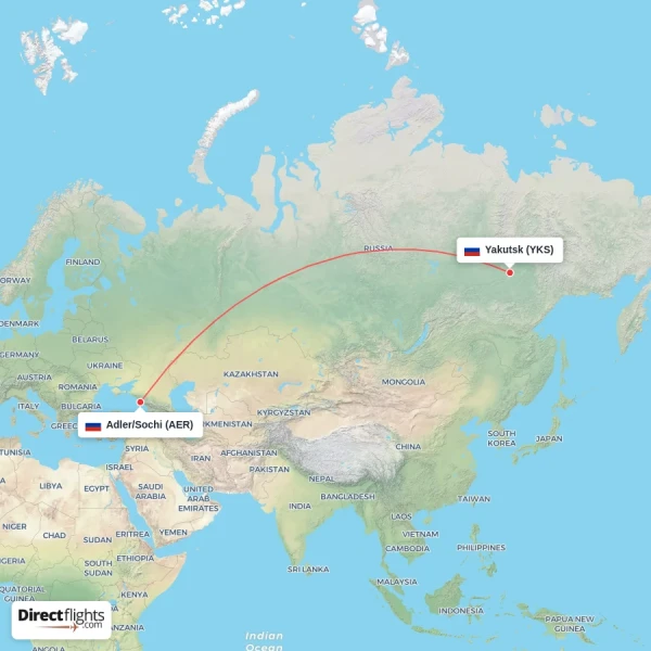 Adler/Sochi - Yakutsk direct flight map