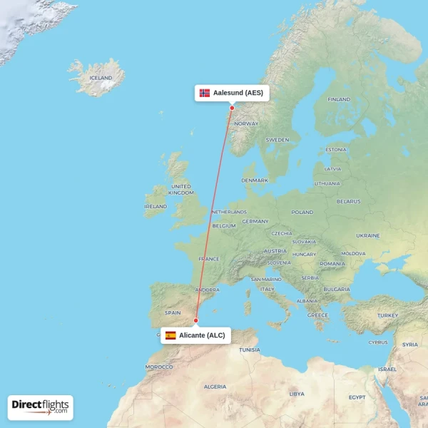 Aalesund - Alicante direct flight map
