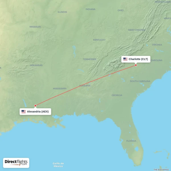 Alexandria - Charlotte direct flight map