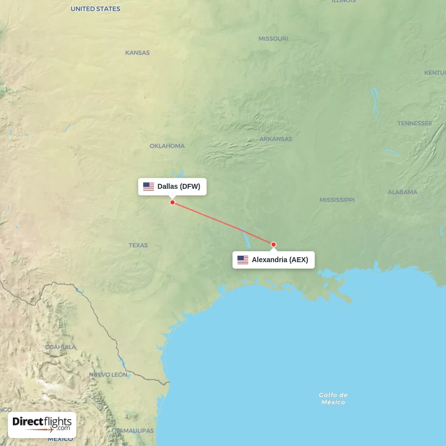 AEX - DFW route map