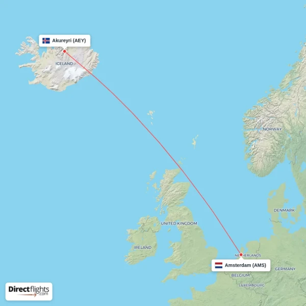 Akureyri - Amsterdam direct flight map