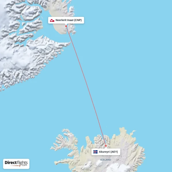 Akureyri - Neerlerit Inaat direct flight map