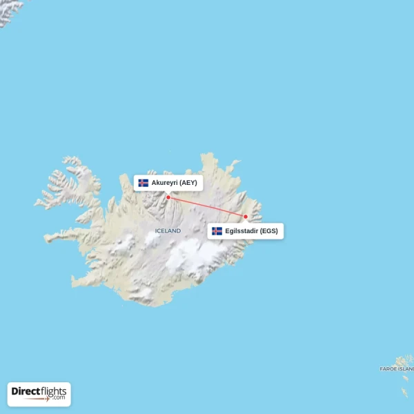 Akureyri - Egilsstadir direct flight map
