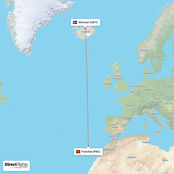 Akureyri - Funchal direct flight map