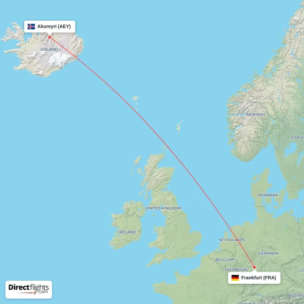 Akureyri - Frankfurt direct flight map