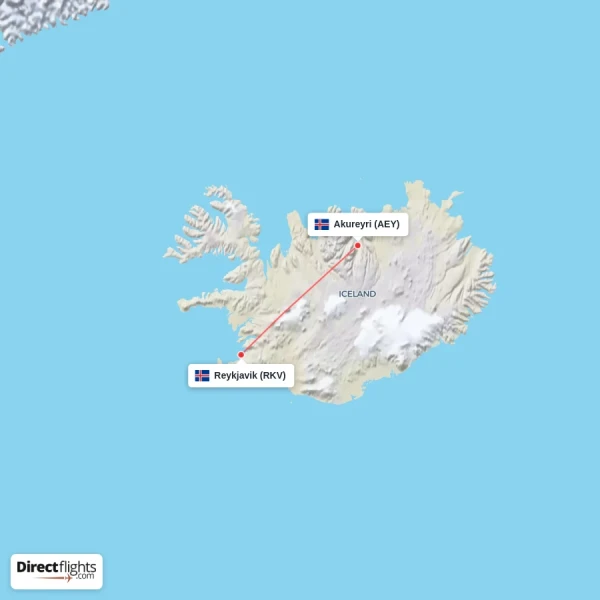 Akureyri - Reykjavik direct flight map