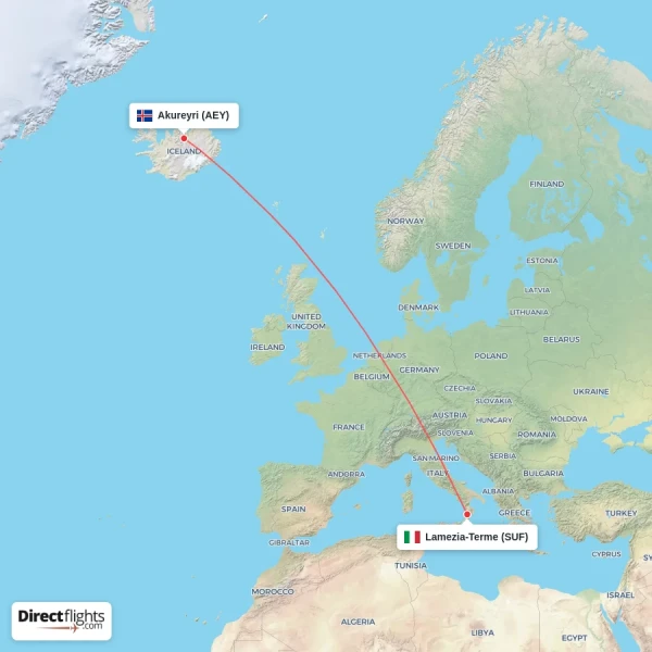 Akureyri - Lamezia-Terme direct flight map