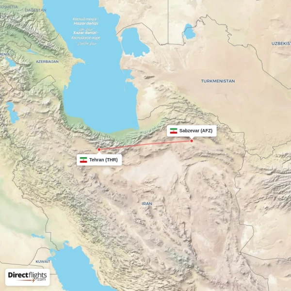 Sabzevar - Tehran direct flight map