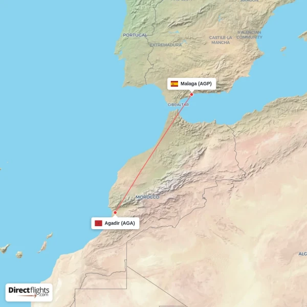 Agadir - Malaga direct flight map