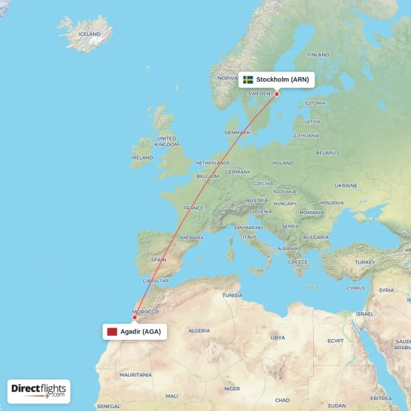Agadir - Stockholm direct flight map