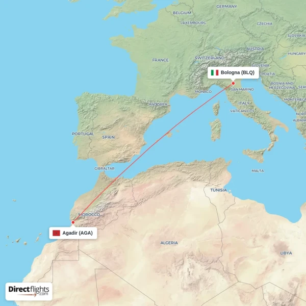 Agadir - Bologna direct flight map