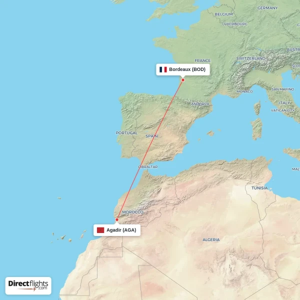 Agadir - Bordeaux direct flight map