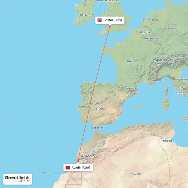Agadir - Bristol direct flight map