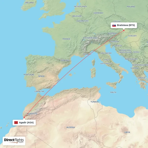 Agadir - Bratislava direct flight map