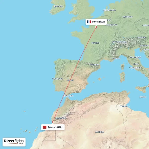 Agadir - Paris direct flight map