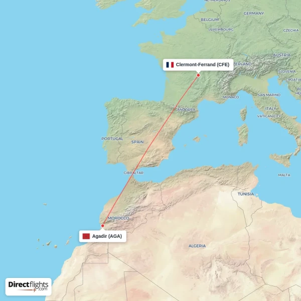 Agadir - Clermont-Ferrand direct flight map