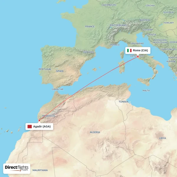 Agadir - Rome direct flight map