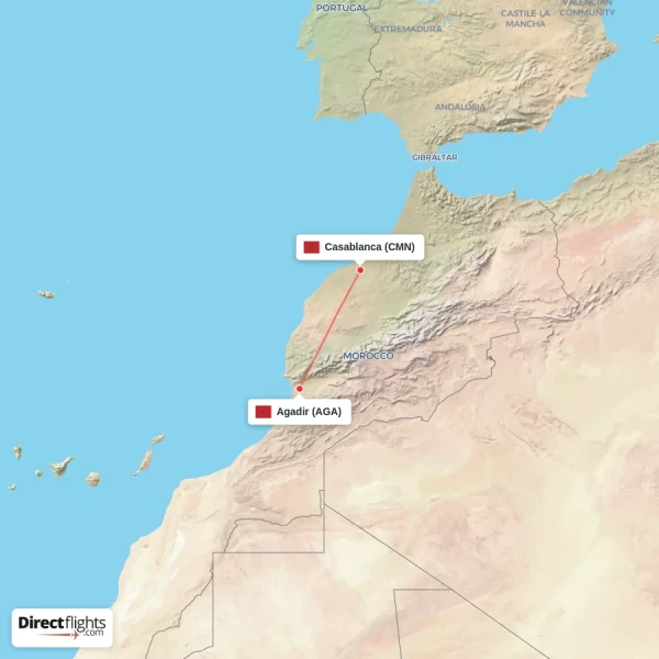 Agadir - Casablanca direct flight map