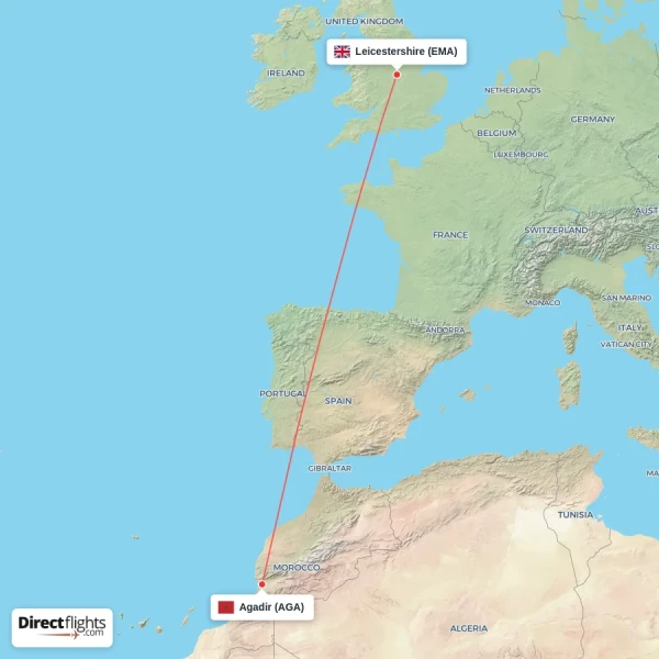 Agadir - Leicestershire direct flight map
