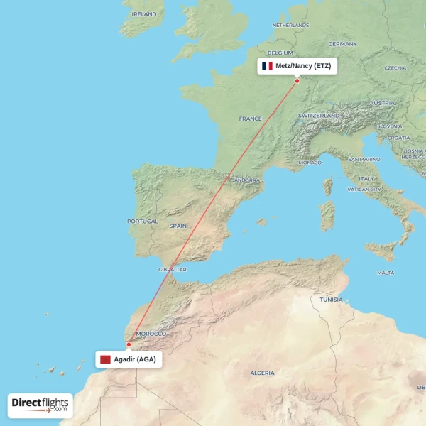 Agadir - Metz/Nancy direct flight map