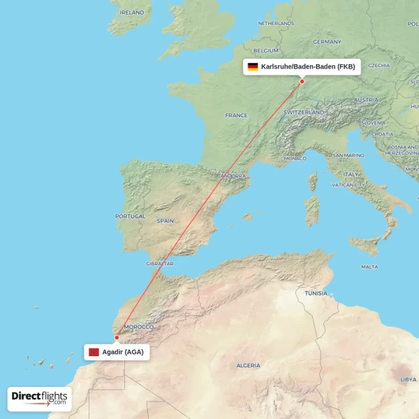 Agadir - Karlsruhe/Baden-Baden direct flight map
