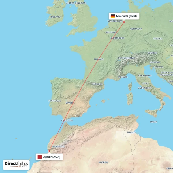 Agadir - Muenster direct flight map
