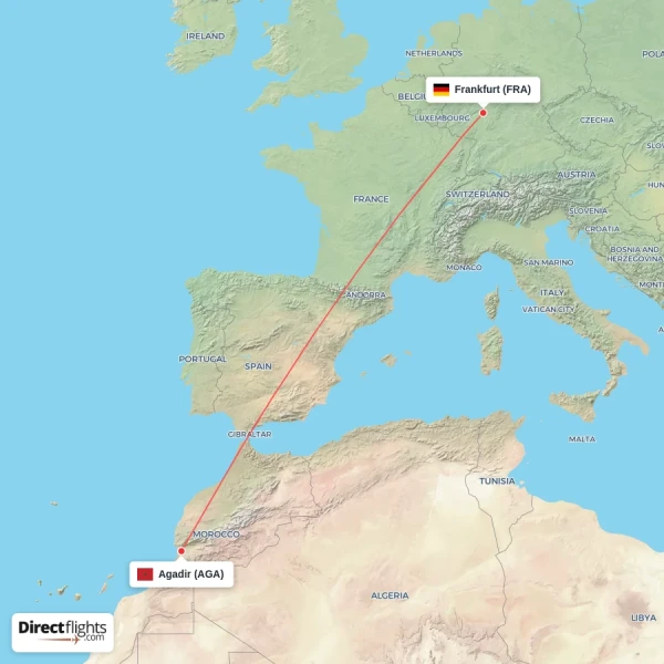 Agadir - Frankfurt direct flight map