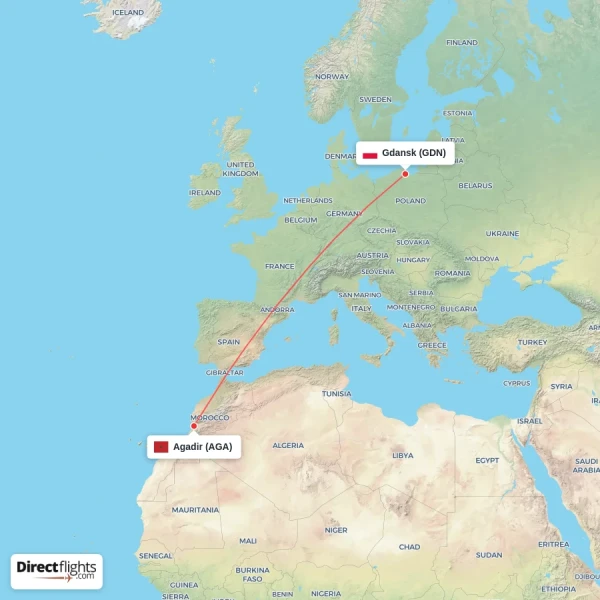Agadir - Gdansk direct flight map