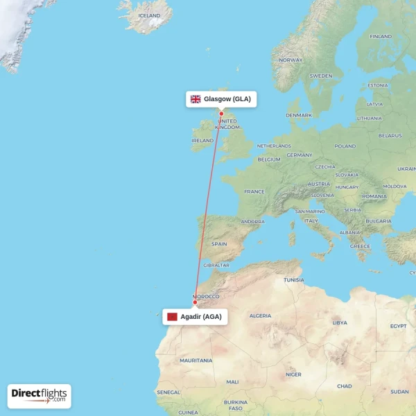 Agadir - Glasgow direct flight map