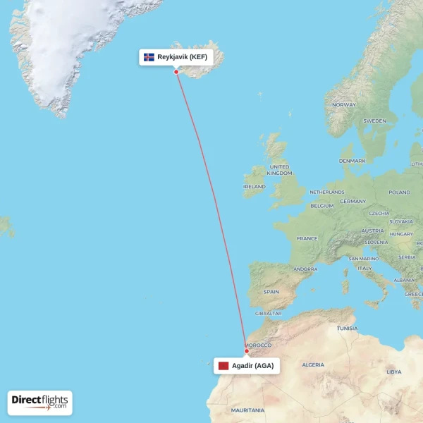 Agadir - Reykjavik direct flight map