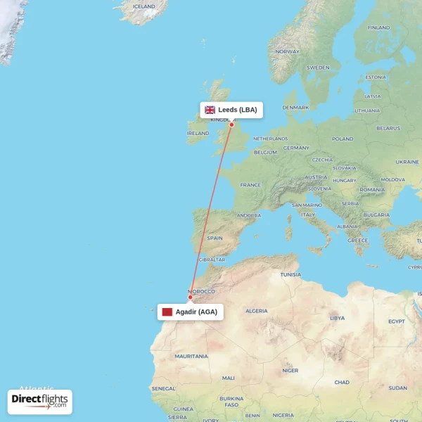 Agadir - Leeds direct flight map
