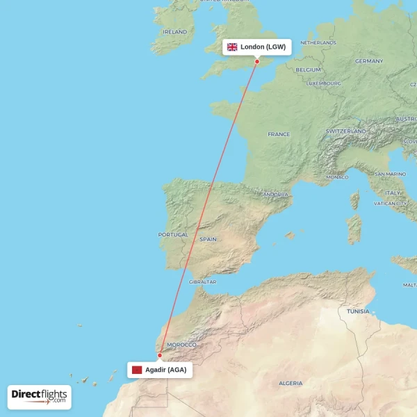Agadir - London direct flight map