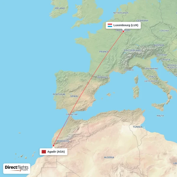Agadir - Luxembourg direct flight map