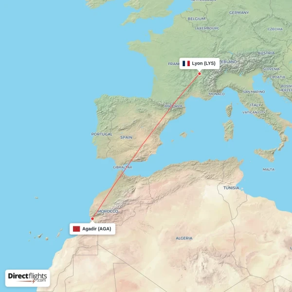 Agadir - Lyon direct flight map