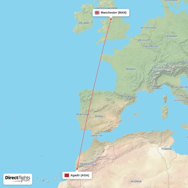 Agadir - Manchester direct flight map
