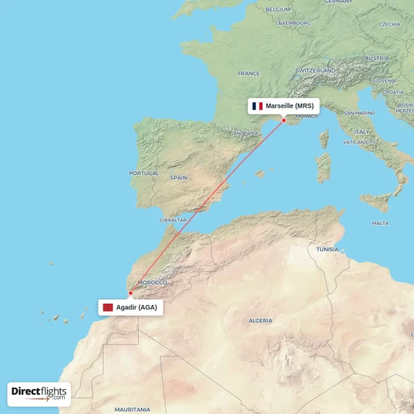 Agadir - Marseille direct flight map