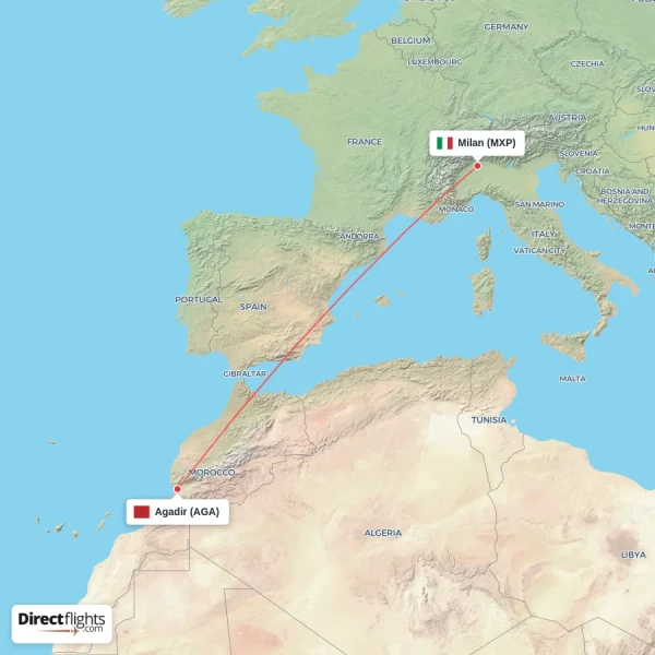 Agadir - Milan direct flight map