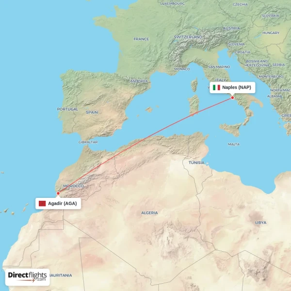 Agadir - Naples direct flight map