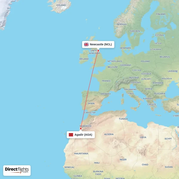 Agadir - Newcastle direct flight map