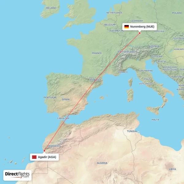 Agadir - Nuremberg direct flight map