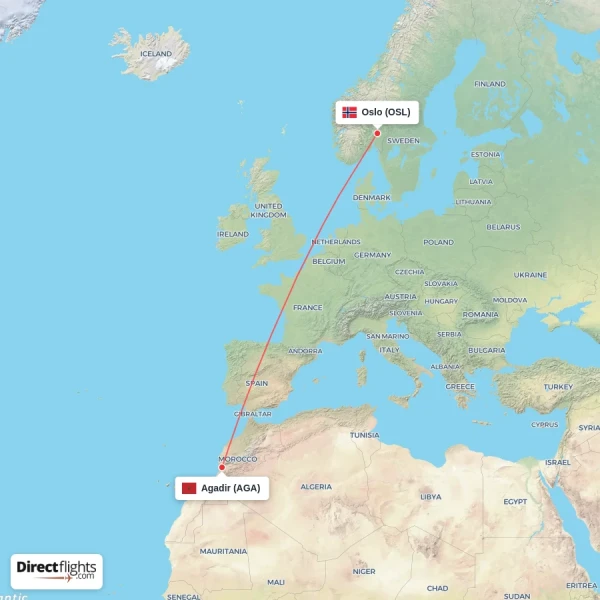 Agadir - Oslo direct flight map