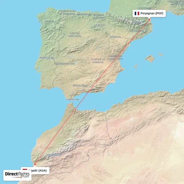 Agadir - Perpignan direct flight map