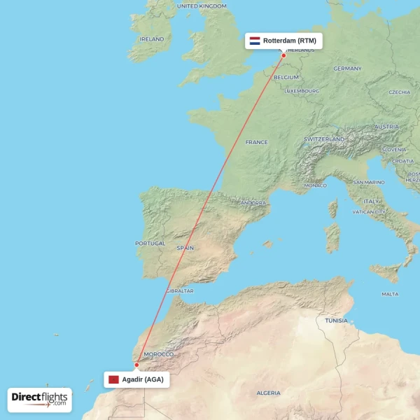 Agadir - Rotterdam direct flight map