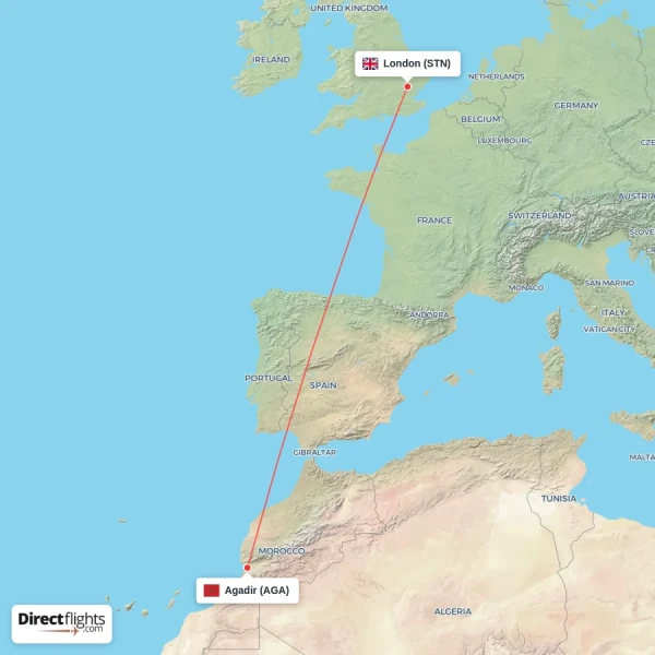 Agadir - London direct flight map