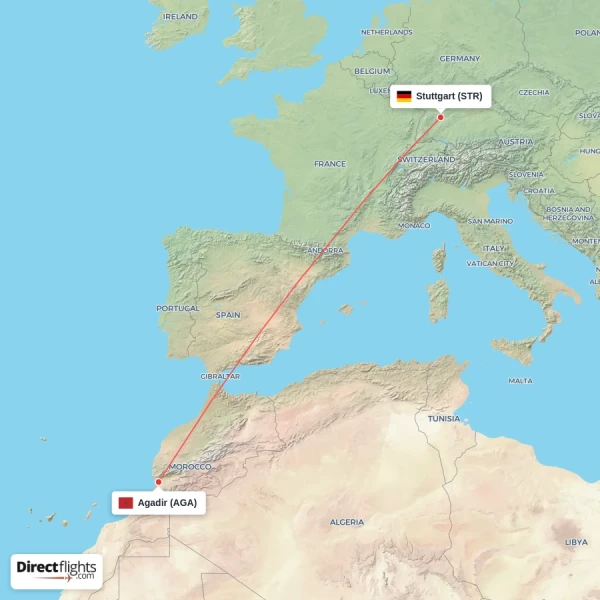 Agadir - Stuttgart direct flight map